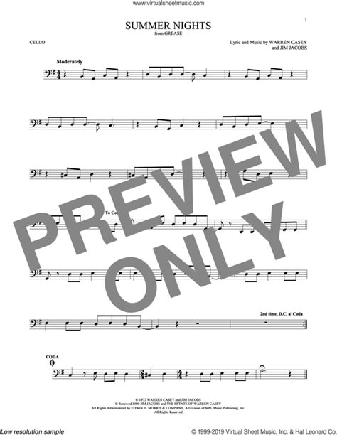 Summer Nights Sheet Music For Cello Solo Pdf Interactive