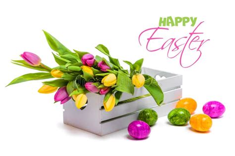 Congratulations On Easter Still Life Of Tulips And Eggs Foto De Stock Imagem De Vida Verde
