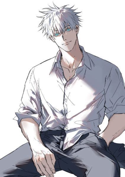 An Anime Man With White Hair Sitting Down