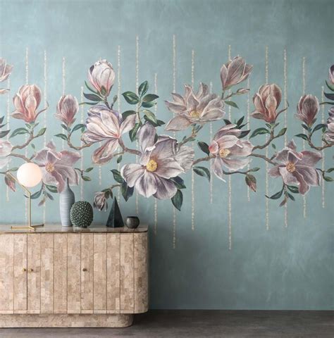 Magnolia Frieze Wall Mural In Aqua And Ochre From The Folium Collection