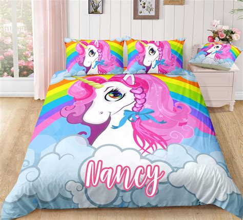 Personalized Custom Rainbow Unicorn Queen Bedding Set Unilovers