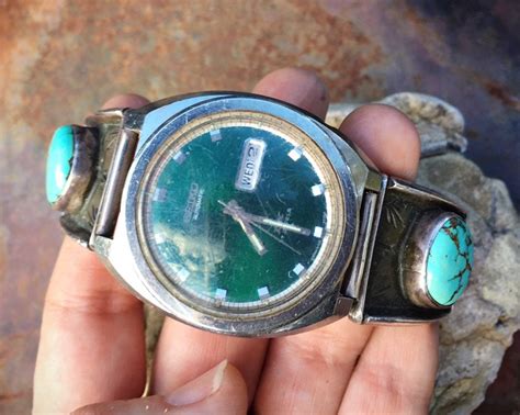 Vintage Natural Turquoise Watch Tips For Men Sterling Silver Navajo
