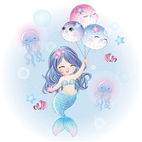 Cute Mermaid With Watercolor Illustration 2075122 Vector Art At Vecteezy