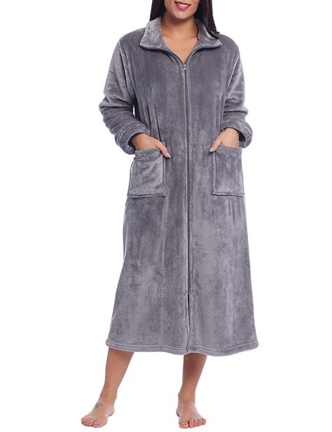Winter Bathrobes Womens Zip Up Fleece Robe Long Plush Bathrobe Soft