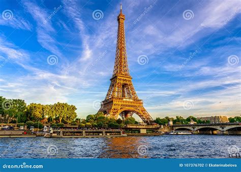 Paris Eiffel Tower And River Seine At Sunset In Paris France Stock