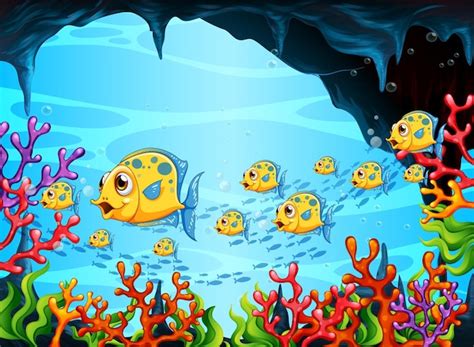 Free Vector Many Exotic Fishes Cartoon Character In The Underwater