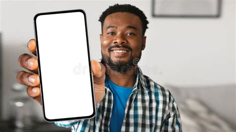 Mobile Ad Happy Black Man Demonstrating Big Blank Smartphone With