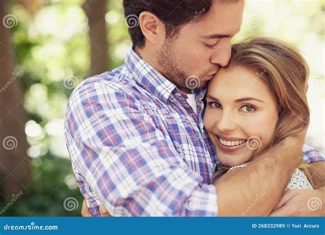 Happy Couple Hug Bonding Or Forehead Kiss On Love Date Valentines Day Or Romance Nature Break