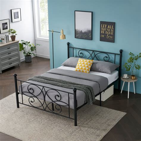 Queen Size Victorian Black Metal Platform Bed Frame With Headboard And Footboard Metal Slats