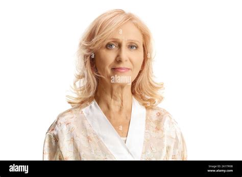 Beautiful Mature Woman With Blue Eyes Wearing A Silk Bathrobe Isolated