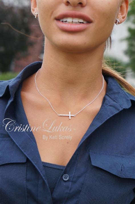 Celebrity Style Sideways Cross Necklace With Cubic Zirconia Etsy