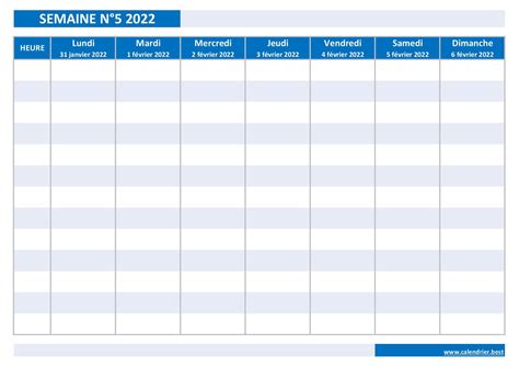 Calendrier Hebdomadaire 2022 à Imprimer