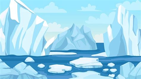 Cartoon Arctic Landscape Icebergs Blue Pure Water Glacier And Icy Cliff