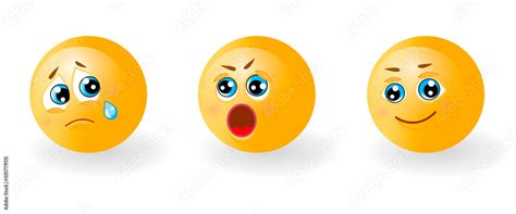 Set Of Yellow Cute Happy Smiling Sad Crying And Suprised Or Angry