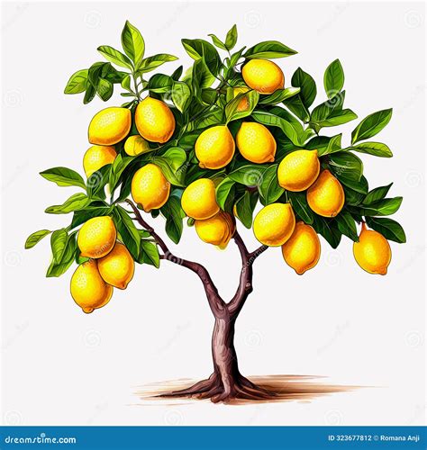 Lemon Tree Icon Realistic Drawing with White Background Stock