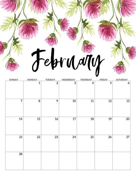 Cute February 2021 Floral Calendar Calendar Printables February