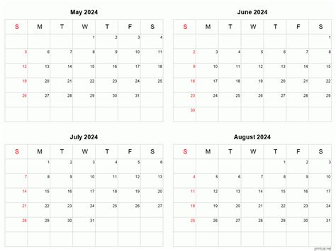 May To August 2023 Printable Calendar May To August 2024 Printable