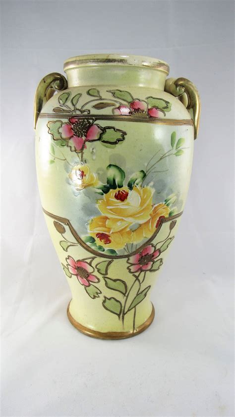 Vintage Large VASE Hand Painted With Roses Flowers With Gold Etsy