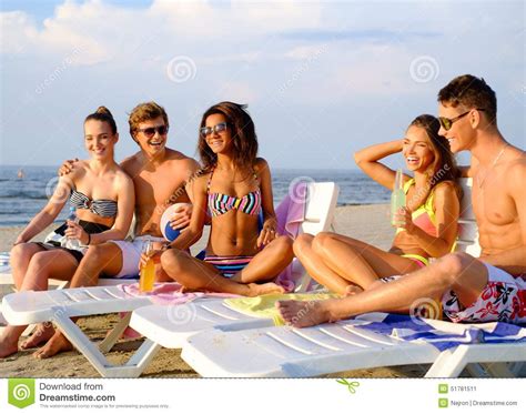 Friends With Drinks Relaxing On A Beach Stock Image Image Of Group Rest