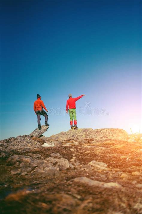 Two Climbers On Top Stock Photo Image Of Partner Backpacker 118493406