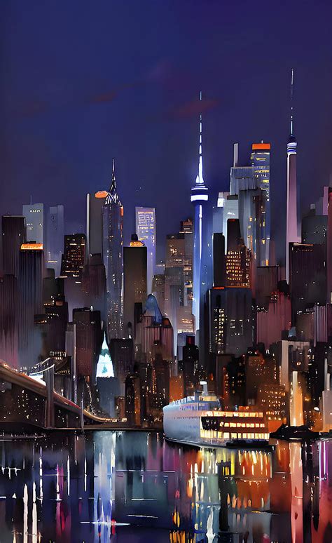New York City Mid Town Manhattan Waterfront Skyline Digital Art By Jon