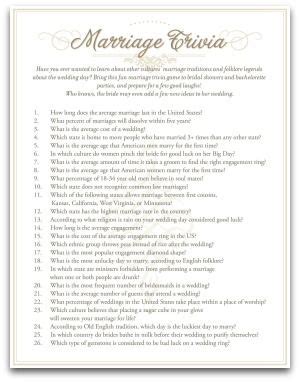 Even though the groom isn't going to be with his bride at the event, both of them will remain as participants. Printable Marriage Trivia - Fun Coed Bridal Shower Games ...