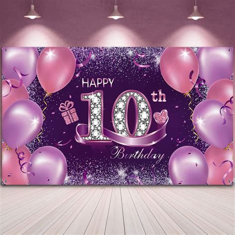 Happy Birthday Party Decorations Large Fabric Pink Purple Happy 10th