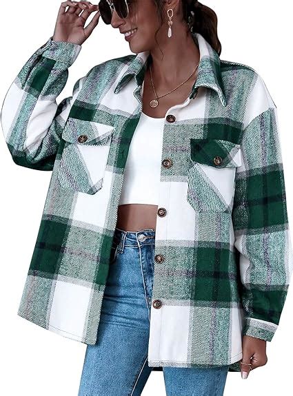 Womens Wool Blend Plaid Shacket Jacket Casual Long Sleeve Lapel Button