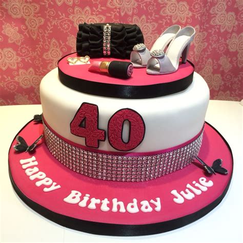 pink black and white ladies 40th birthday cake with shoes earrings bling and butterflies 40th