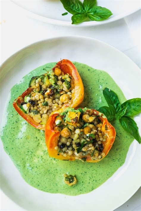 They might be loaded down with rice or couscous, and additionally meat, mushrooms, cheddar, bacon and practically all else you can consider. Couscous-Stuffed Peppers with Basil-Spinach Sauce - Never ...