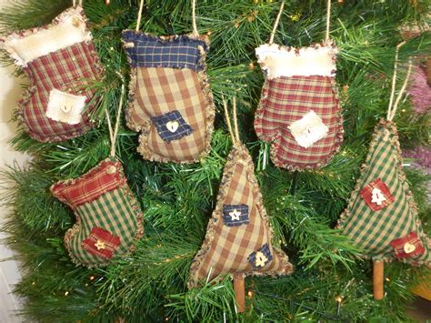 Rustic Homespun Fabric Country Christmas Tree Ornaments Set Etsy Uk