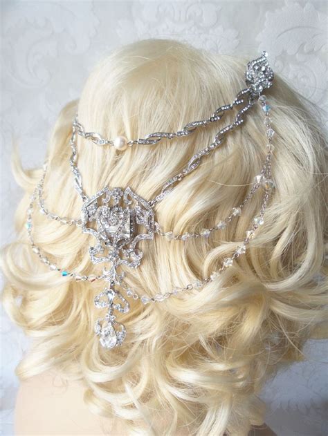 5 Line Romantic Bridal Hair Chain With Handwrapped Pearls And Swarovski