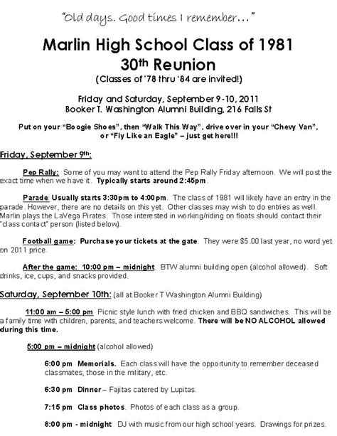 Mhs Class Of 81 30th Reunion Invitationinfo Registration Form