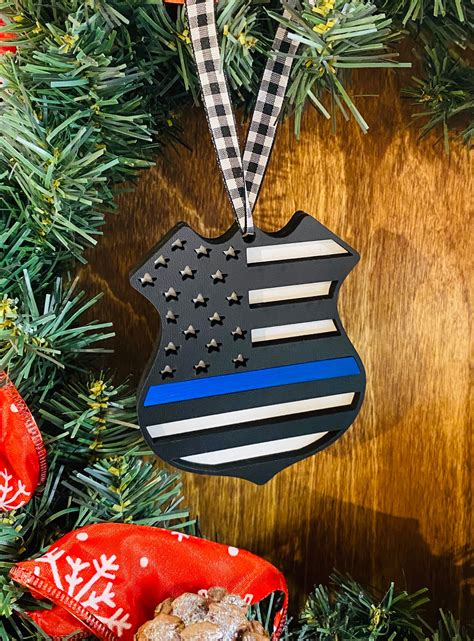 Police Badge Ornament Thin Blue Line Ornament Officer Etsy