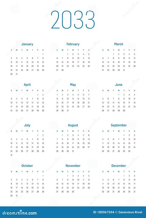 Calendario Anual Para 2033 Ilustración Del Vector Ilustración De