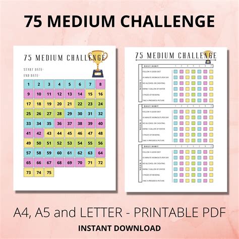 The Printable 75 Medium Challenge Is Shown In Two Different Colors And