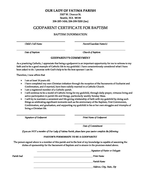 Godparents Certificate For Baptism Catholic Church Seattle Baptism