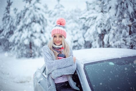 Wallpaper Sergey Shatskov Snow Women Outdoors Blonde Women With Cars Hat Cold Car