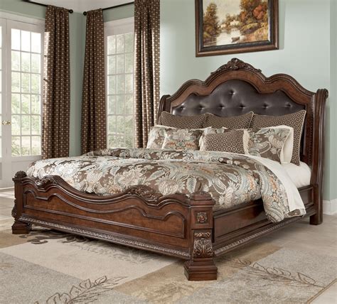 Ledelle Queen Sleigh Headboard Bed With Upholstered Faux Leather In Brown King Size Bedroom