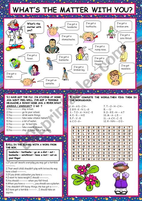This worksheet is about illnesses. Students will practise the vocabulary related to health ...