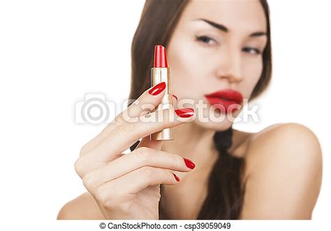 Beautiful Sexy Young Girl Holding Red Lipstick Bright Make Up Sexy