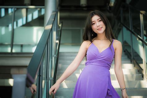 Wallpaper Asian Model Depth Of Field Brunette Long Hair Stairs Purple Dress 4500x3002