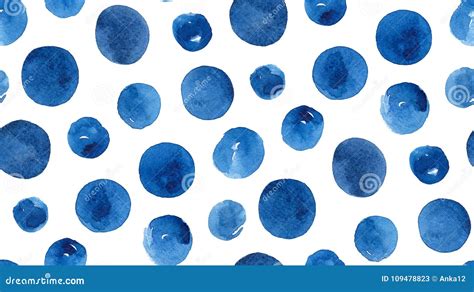 Watercolor Blue Polka Dots Navy Circles Stock Illustration