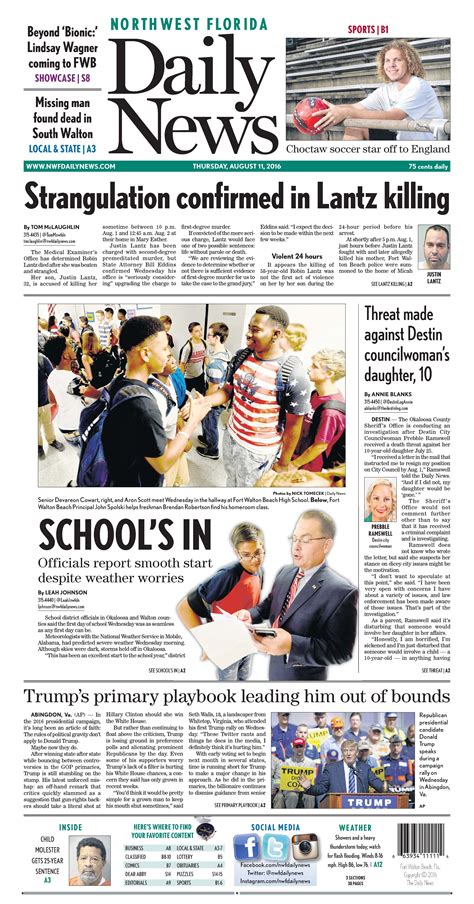 The Aug 11 2016 Front Page Of The Northwest Florida Daily News