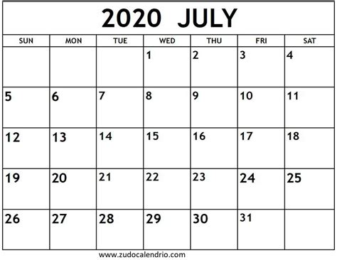 Blank July 2020 Calendar Printable Zudocalendrio