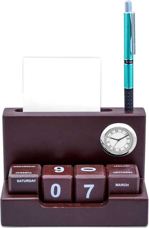 Wooden Desk Holder With Pen Stand Clock Cube Style Calendar And
