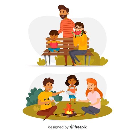 Familia Dibujada A Mano Comiendo En El Parque Vector Gratis