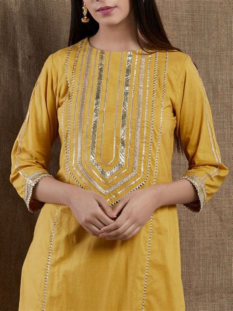 Buy Yellow Hand Embroidered Cotton Gota Kurta Online At Theloom In 2020