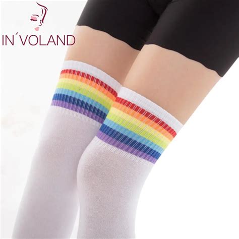 Women Girls Cute Rainbow Striped Cotton Over The Knee High Socks Casual White Black Women 70cm