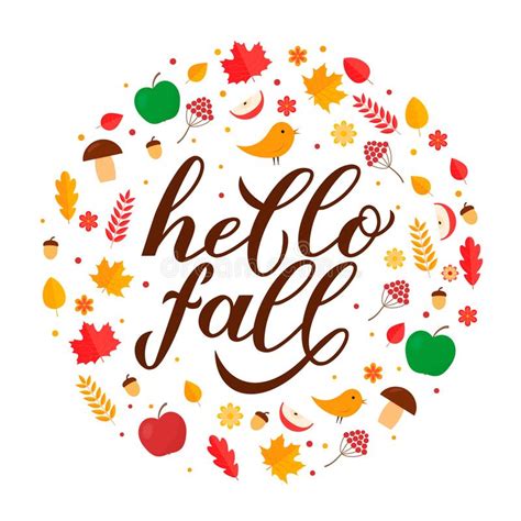 Hello Fall Calligraphy Hand Lettering In Circle Frame Of Leaves And